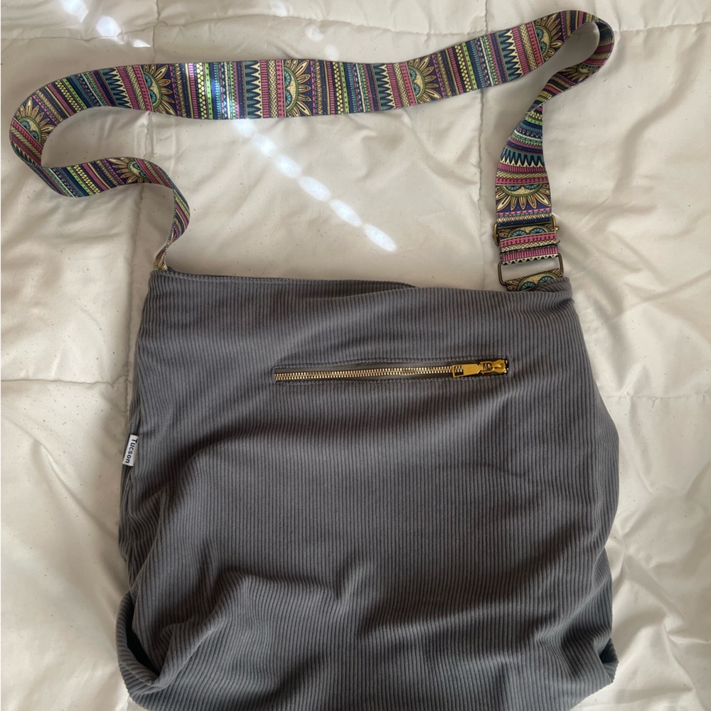 Gray Shoulder Bag with Patterned Strap